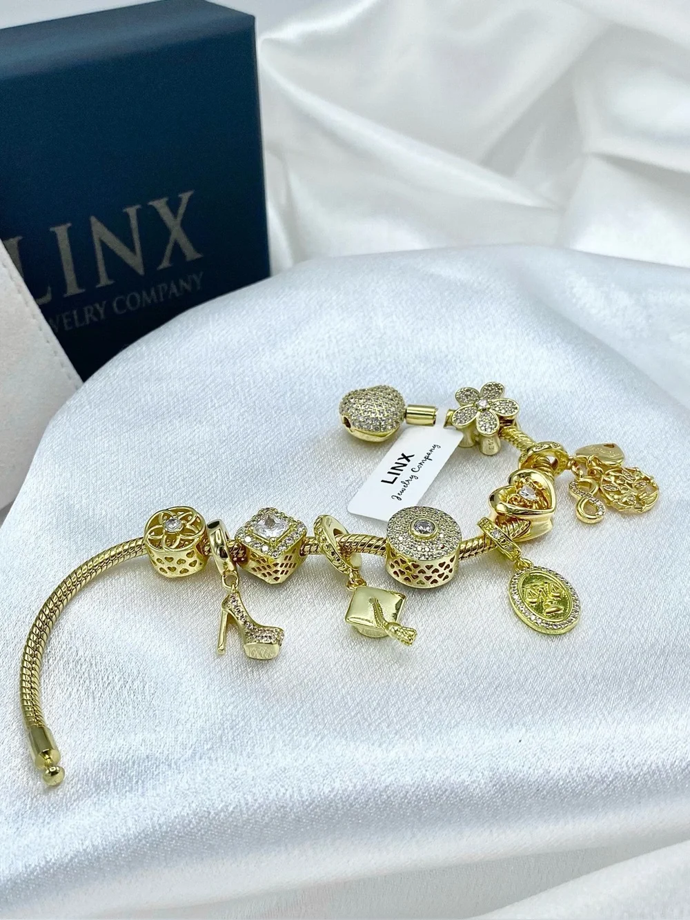 Linx Yellow Gold Snake Chain Charm Bracelet with Lawyer Themed Charms